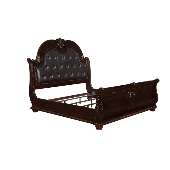 1pc Traditional Style Faux Leather Upholstered Headboard Button Tufted Formal Bedroom Furniture Formal Queen Sleigh Bed Antique Brown Finish
