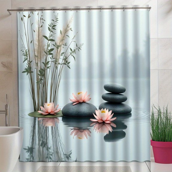 1pc Tranquil for Lotus Theme Shower Curtain Serene Water Reflection with Pink Water Lilies and Smooth Stones Modern Zen Style Bathroom Decor 70.8x70.8 Inch with Hook