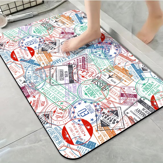 1pc Travel Stamp Pattern Bathroom Rug Bathroom Decor and Accessories- Durable,Anti Slip,And Quick Drying,Suitable For Indoor/outdoor Use - Perfect For Bathrooms,Bedrooms,Kitchens