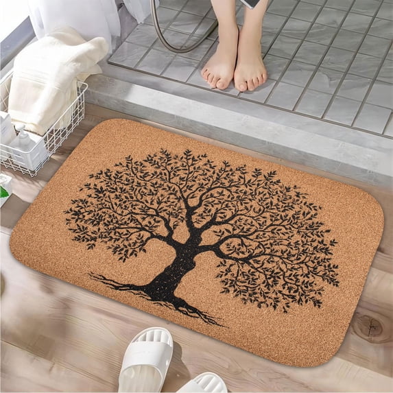 1pc Tree on Coir Mat Absorbent Non-Slip Bathroom Thickened Flannel Rug Decor,Soft,Quick Drying,Suitable For Indoor/outdoor Use,Bathrooms,Bedrooms,Kitchens,Terrace,Laundry Rooms,16"x24"