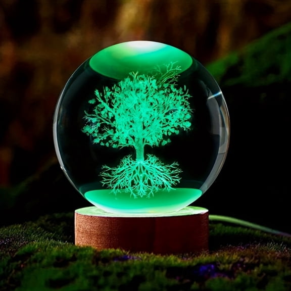 1pc Tree of Life Crystal Ball with Lighted Base Laser Engraved Glass Ball Tree of Life Night Light Decorative Globes 3D Crystal Plant Sphere Gifts for Her Birthday