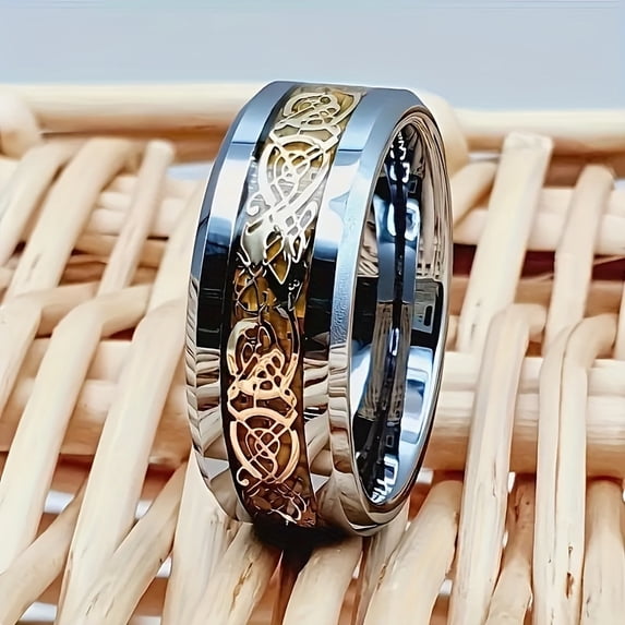 1pc Trendy Beautiful Cool Silvery 304 Stainless Steel Celtic Dragon Patterned Ring - 8MM-Wide Ring - For Men - Suitable for Engagement, Birthday, Anniversary - Perfect Gift for Him,silver,10