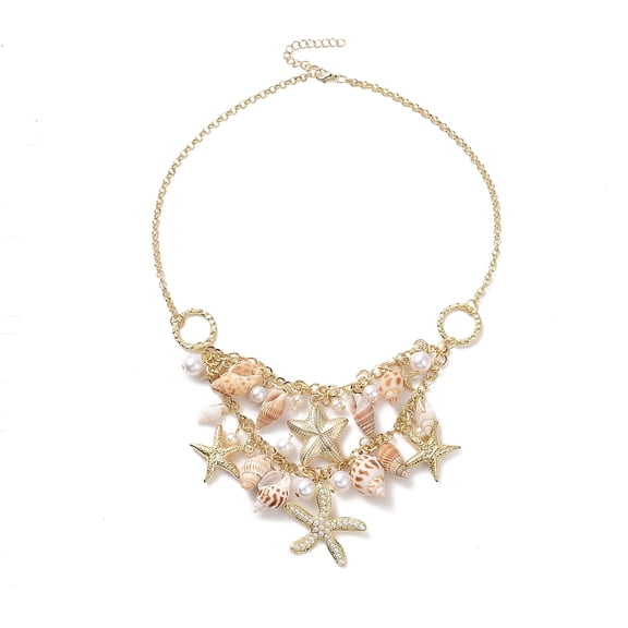 1pc Trendy Shell Bib Beach Necklaces Starfish and Conch Pendants with Iron Chains and Brass Lobster Claw Clasps Golden 17.00 inch(43.18cm)