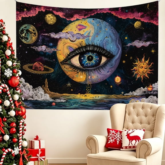 1pc Trippy Celestial Galaxy Eye Sun Moon Planet Tapestry 74x72/80x72/86x72 inch Boho Mystic Vintage Wall Decor