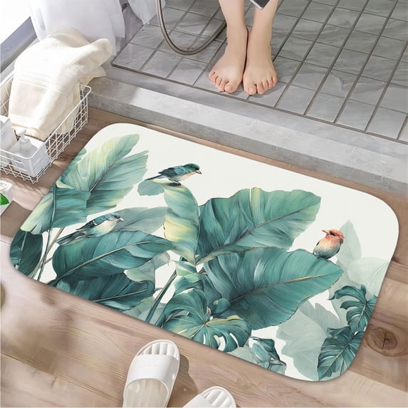 1pc Tropical Birds on Leaves Absorbent Non-Slip Bathroom Thickened Flannel Rug Decor,Soft,Quick Drying,Suitable For Indoor/outdoor Use,Bathrooms,Bedrooms,Kitchens,Terrace,Laundry Rooms,16"x24"