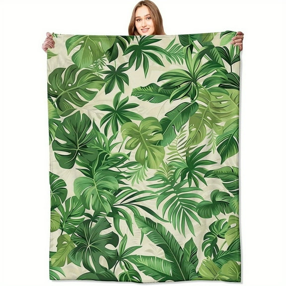 1pc Tropical Green Leaf Blanket - Soft, Lightweight Flannel Throw, Ideal for Sofa or Bed Decor, Perfect Gift for Nature Lovers and Women, Hypoallergenic Bedding|Naturethemed Decor|Soft Flannel Fabric