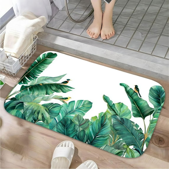1pc Tropical Leaves and Birds Absorbent Non-Slip Bathroom Thickened Flannel Rug Decor,Soft,Quick Drying,Suitable For Indoor/outdoor Use,Bathrooms,Bedrooms,Kitchens,Terrace,Laundry Rooms,16"x24"