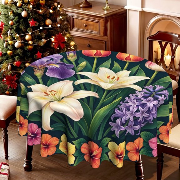 1pc Tropical Lily Floral Print Round Table Cover, Garden Party Tablecloth, Durable Cover for Summer Theme Small Party Celebrations, 35/49/60/71 Inch