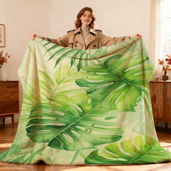 1pc Tropical Monstera Leaf Plush Throw Blanket - Soft Green Botanical Print Bedspread, Cozy - Polyester Bed Suitable for Sofa, Bed Decor, Ideal Gift for Holidays & Birthdays, Modern Jungle or Accent