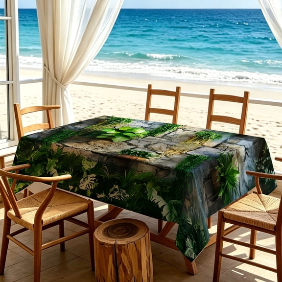 1pc Tropical Monstera Stone Wall Natural Print Tablecloth, Kitchen Living Room Daily Holiday Gathering Table Decor, Thanksgiving & Christmas Gifts