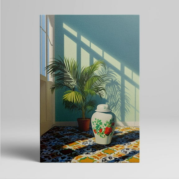 1pc Tropical Palm Plant and Decorative Vase with Sunlight Shadows Framed Decor room hanging Wall Picture Decor for Home Gifts, living room, bathroom, bedroom, kitchen wall art decor canvas wall art