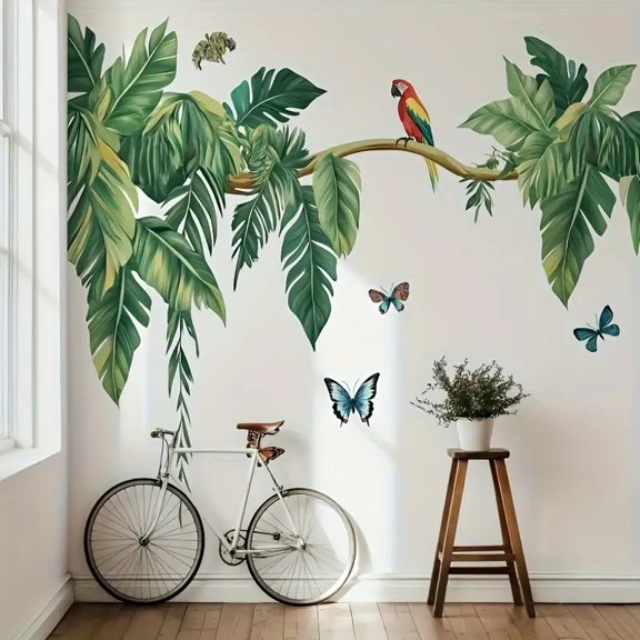 1pc Tropical Parrot & Monstera Leaf Vinyl Decal - Self-Adhesive Removable Contemporary Animal Print Wall Art for Smooth Surfaces, Glossy Finish Home Decor with Palm Fronds & Butterflies Design