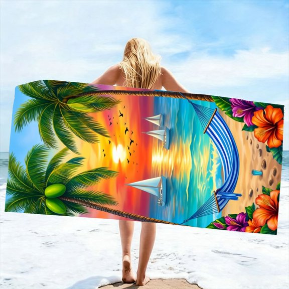 1pc Tropical Sunset Beach Towel, Vibrant Palm Trees & Hibiscus Pattern Beach Blanket, Soft Absorbent Sand-Free Beach Mat for Swimming Camping Sunbathing