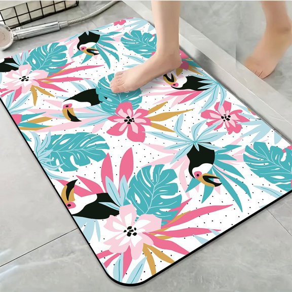 1pc Tropical Toucans and Floral Bathroom Rug Bathroom Decor and Accessories- Durable,Anti Slip,And Quick Drying,Suitable For Indoor/outdoor Use - Perfect For Bathrooms,Bedrooms,Kitchens