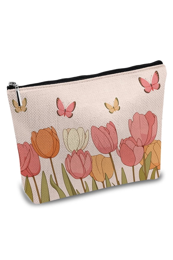 1pc Tulip Makeup Bags Canvas Cosmetic Bag Pink Multi Purpose Pen Case Zipper Pouches Toiletry Travel Storage Bag Purse Portable Butterfly Floral Makeup Storage Organizer for Women 10 x 7Inch