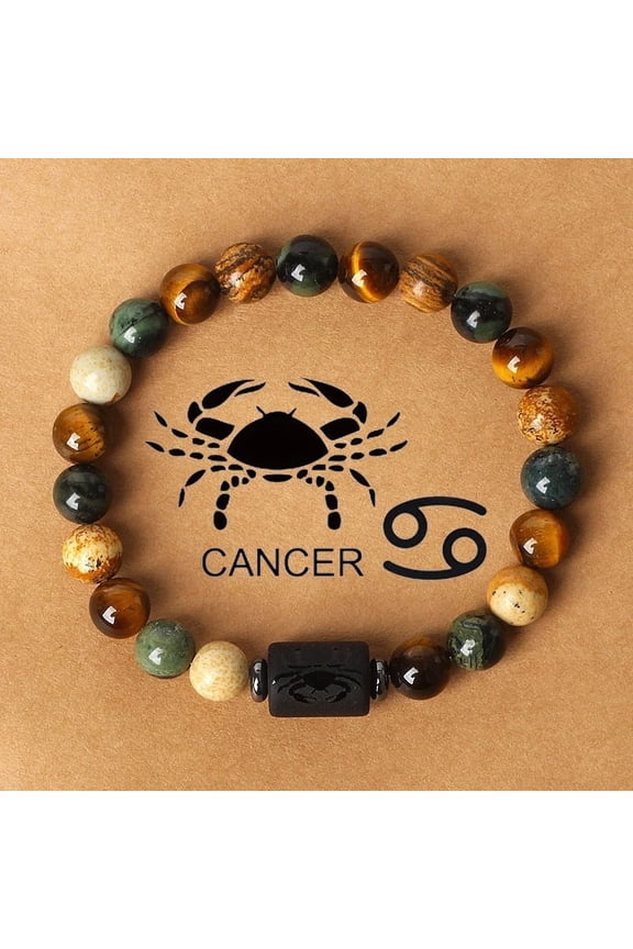 1pc Twelve Constellations Natural Tiger Eye & Picture Jasper & Rhyolite Jasper Round & Column Beaded Stretch Bracelets for Women Men with Gift Card Cancer 2-3/8 inch(6cm)