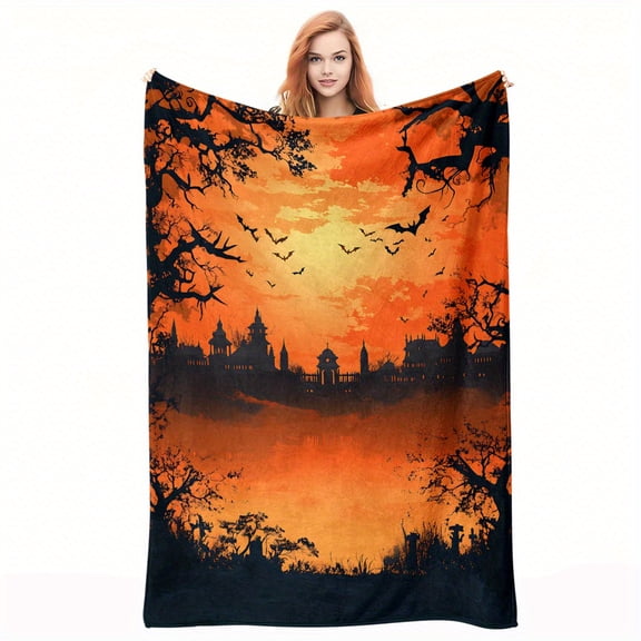 1pc - Twilight Castle & Flying Bat Print Flannel Blanket, Soft Casual Warm Throw for Office Use or Outdoor Camping Travel Gift, Halloween Blanket, Home Decor, Contemporary Design, Printed Pattern, Du