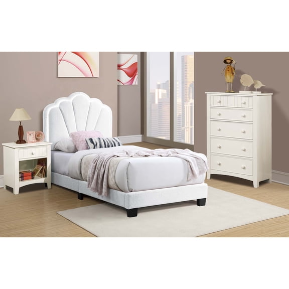1pc Twin Size Bed Wool Fabric Floral Design Headboard w LED Fully Upholstered Platform White Finish Bedroom Furniture