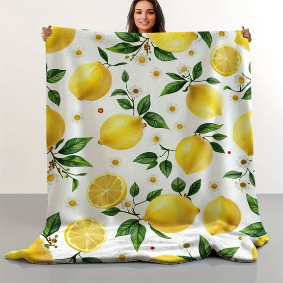 1pc Twin Size Lemon Blossom Print Flannel Bedspread - Ultra-Soft Retro Bed Cover Suitable for Couch, Chair, Camping & Office - - Cozy Bedspread for Twin Beds, Holiday Gift
