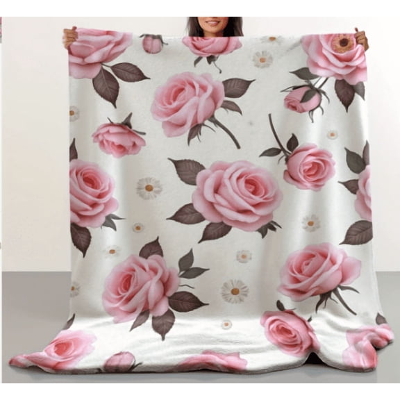 1pc Twin Size Ultra-Soft Flannel Blanket, White Vintage Rose Daisy Floral, 30s Yarn All-Season, for Bed Couch Camping, Holiday Gift for Women