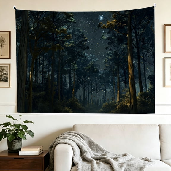 1pc Twinkling Starlight Pine Forest 2D Tapestry 74x72/80x72/86x72 inch Cosmic Space Boho Mystic Wall Decor
