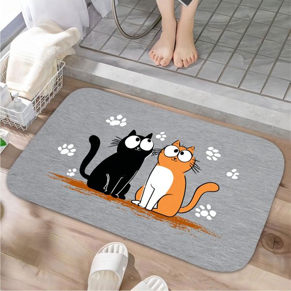 1pc Two Cats Absorbent Non-Slip Bathroom Thickened Flannel Rug Decor,Soft,Quick Drying,Suitable For Indoor/outdoor Use,Bathrooms,Bedrooms,Kitchens,Terrace,Laundry Rooms,16"x24"