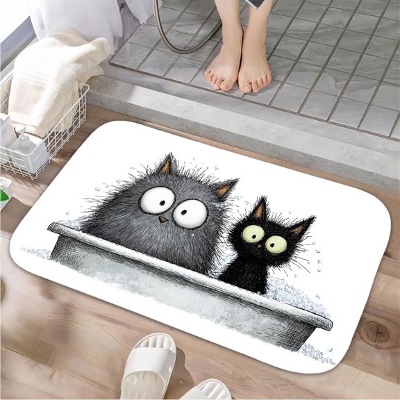 1pc Two Cats in the Bathtub Absorbent Non-Slip Bathroom Thickened Flannel Rug Decor,Soft,Quick Drying,Suitable For Indoor/outdoor Use,Bathrooms,Bedrooms,Kitchens,Terrace,Laundry Rooms,16"x24"