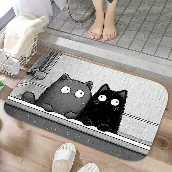1pc Two Cats in the Rain Absorbent Non-Slip Bathroom Thickened Flannel Rug Decor,Soft,Quick Drying,Suitable For Indoor/outdoor Use,Bathrooms,Bedrooms,Kitchens,Terrace,Laundry Rooms,16"x24"