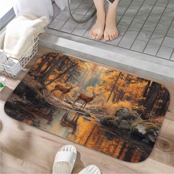 1pc Two Deer in Autumn Forest Absorbent Non-Slip Bathroom Thickened Flannel Rug Decor,Soft,Quick Drying,Suitable For Indoor/outdoor Use,Bathrooms,Bedrooms,Kitchens,Terrace,Laundry Rooms,16"x24"