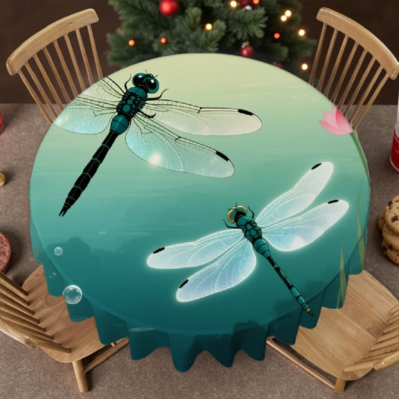 1pc Two Dragonfly Print tablecloth round, Festive Table Setting Polyester Tablecloths, Two Dragonfly