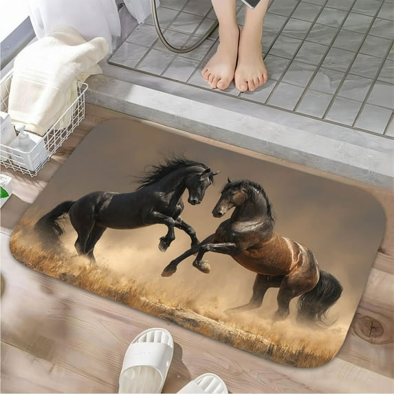 1pc Two Horses in Combat Absorbent Non-Slip Bathroom Thickened Flannel Rug Decor,Soft,Quick Drying,Suitable For Indoor/outdoor Use,Bathrooms,Bedrooms,Kitchens,Terrace,Laundry Rooms,16"x24"