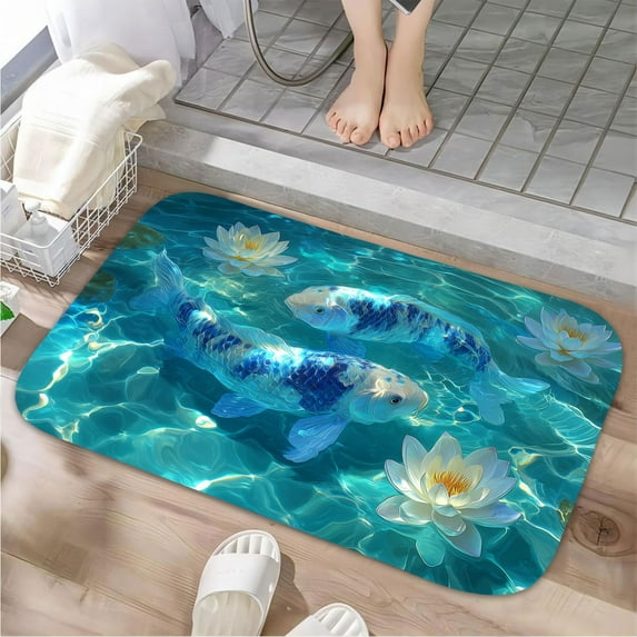 1pc Two Koi Fish and Water Lilies Absorbent Non-Slip Bathroom Thickened Flannel Rug Decor,Soft,Quick Drying,Suitable For Indoor/outdoor Use,Bathrooms,Bedrooms,Kitchens,Terrace,Laundry Rooms,16"x24"