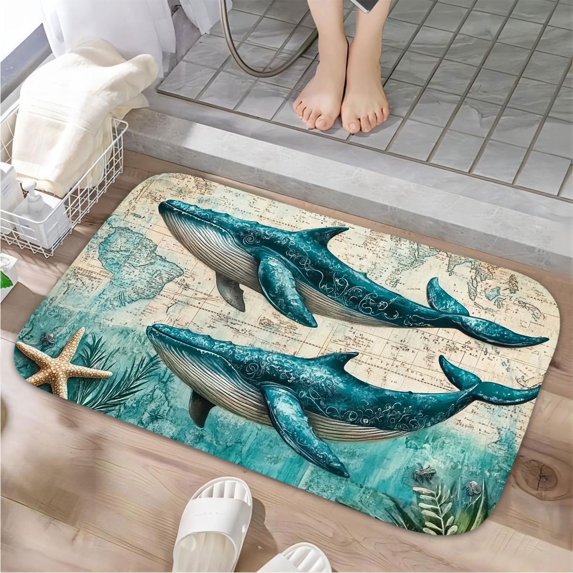 1pc Two Whales on a Map Absorbent Non-Slip Bathroom Thickened Flannel Rug Decor,Soft,Quick Drying,Suitable For Indoor/outdoor Use,Bathrooms,Bedrooms,Kitchens,Terrace,Laundry Rooms,16"x24"