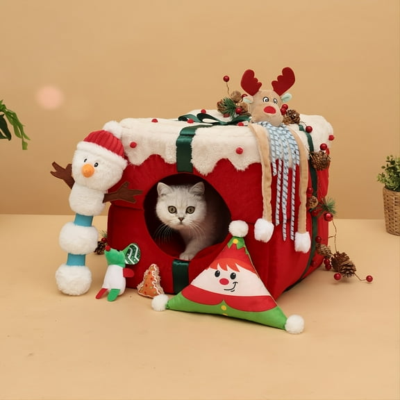 1pc Two-in-one Square Christmas Pet Bed Cat House, Christmas Cute Cat Nest Soft And Warm Kitten Beds