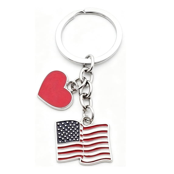 1pc USA Flag Keychain United States of America Patriotic Metal Key Ring with Red Heart in a Pouch