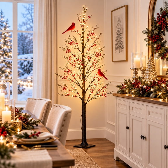 1pc USB Powered Christmas Lighted Branch Tree, 49.2in 150LED / 59.1in 250LED Artificial Floor Lamp Tree with Red Cardinal Birds & Red Berries, Warm White LED Decorative Tree for Living Room, Entryway