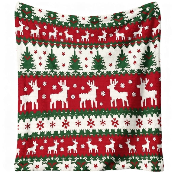 1pc Ugly Sweater Style Flannel Blanket - Soft Warm 280gsm Red Green White Reindeer & Snowflake Print Bedspread, All-Season Couch Throw for Christmas