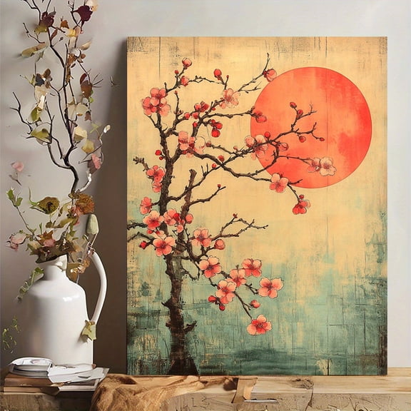 1pc Ukiyo-E Plum Blossom Canvas Art Print with Japanese Vintage Wall Decor Featuring Pink Cherry Blossoms & Sunset, Traditional Japanese Artwork for Home or Office Decor,