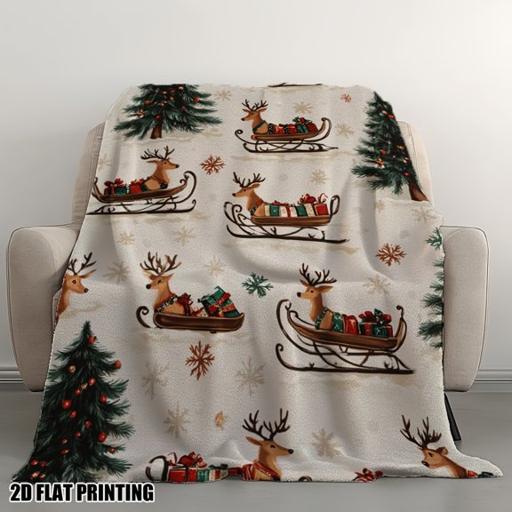 1pc Ultra-Cozy Christmas Sleigh Ride Printed Flannel Blanket - Soft, Casual & Comfortable, Perfect for Napping, Relaxing Outdoors, or Travel - Ideal All-Season Gift, Festive Reindeer & Snowflake Desi
