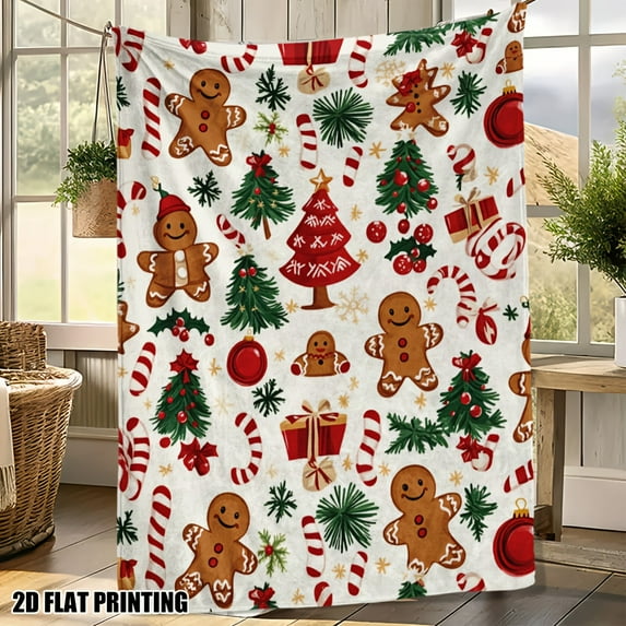 1pc Ultra-Soft Christmas Gingerbread Wonderland Print Flannel Throw Blanket - Cozy Gingerbread Men, Candy Canes & Snowflakes Design in Red, Green, White & Brown - All-Season Warmth for Sofa, Bed, Cha