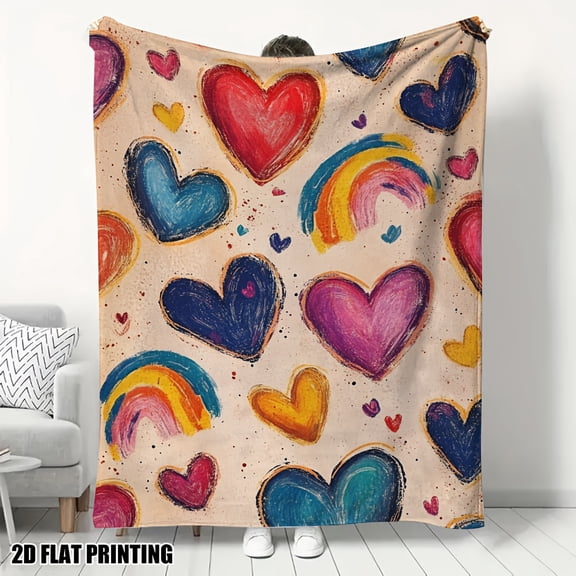 1pc Ultra-Soft Colorful Hearts and Rainbows Print Flannel Throw Blanket - All-Season Twin Size Sofa Blanket for Bed, Couch, Chair, Camping, and Office - Perfect Gift for Comfort