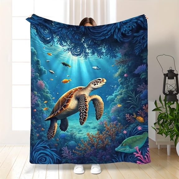 1pc Ultra-Soft Cozy Sea Turtle Print Flannel Blanket - Lightweight & Warm Throw Blanket with Underwater Ocean Design, Golden Sea Turtle & Coral Reef Pattern