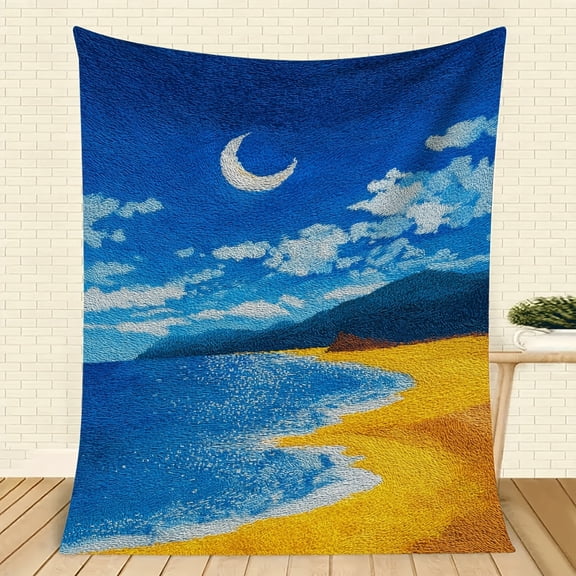 1pc Ultra-Soft Flannel Blanket - Beach Scene with Moon & Clouds, All-Season Cozy Throw for Camping, Sofa, Bed & Office - Machine Washable, Stylish Decor & Ideal Gift, Versatile Indoor/Outdoor Use, Be