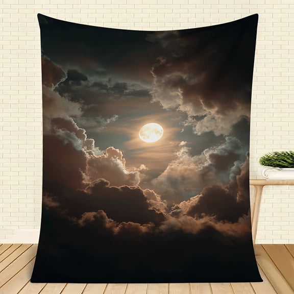 1pc Ultra-Soft Flannel Blanket with Full Moon & Clouds Design - All-Season Cozy Throw for Camping, Sofa, Bed & Office - Machine Washable, Stylish Decor & Ideal Gift, Indoor/Outdoor Use, Blanket for B