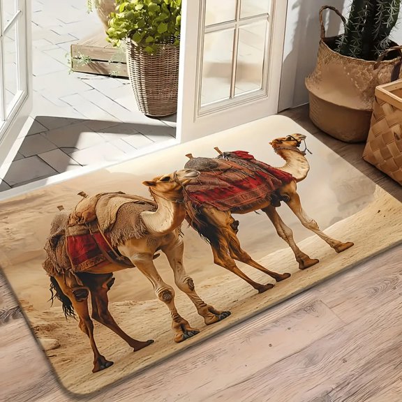 1pc Ultra Soft Flannel Desert  & Dune Floor Mat - Non-Slip Rubber Base, Machine Washable Suitable for Kitchen, Bathroom, Bedroom - Beige//Black/White/Gray Desert Scene
