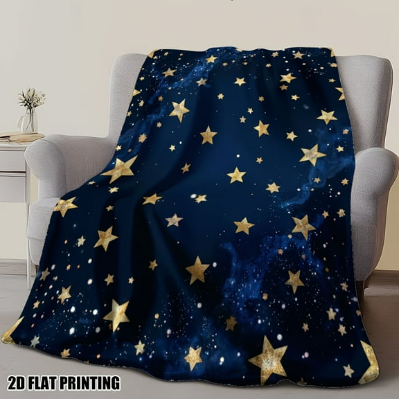 1pc Ultra-Soft Flannel Throw Blanket with Stellar Constellation Print – Ultra-Soft Plush Polyester, Dark Blue with Golden Stars, Perfect for Bed, Sofa, or Relaxing Anywhere, All-Season Cozy Blanket