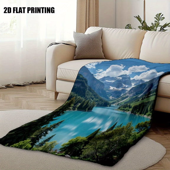 1pc Ultra-Soft Mountain Serenity Print Flannel Throw Blanket - Vibrant Blue Lake & Snow-Capped Peaks Design, Four-Season Cozy Blanket for Bed, Couch, Chair, Office, and Camping - Perfect Holiday Gift
