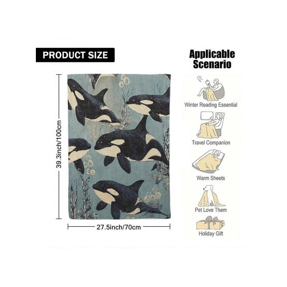 1pc Ultra-Soft Orca Whale Print Flannel Throw Blanket - Contemporary Twin Size All-Season Cozy Blanket For Bed, Couch, Camping & Office - Durable Sofa Gift With Vibrant Marine Life Design