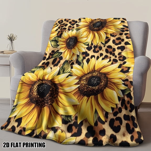 1pc Ultra Soft Sunflowers on Leopard Spots Print Flannel Throw Blanket All Season Twin Size Blanket for Bed Couch Chair Camping and Office Multi Purpose Sofa Gift Idea