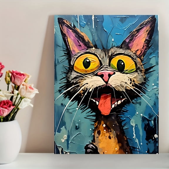 1pc Unframed Painting, Whimsical Cat Art Canvas Painting, Poster, Unique Creative Wall Art Decoration, WC, Living Room, Bedroom, Office, Restaurant, Bar Wall Decoration, Waterproof, Printed, Artwork,